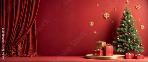 Obraz na płótnie Un podio natalizio con decorazioni raffinate e un albero di Natale decorato con tonalità oro e rosso w salonie