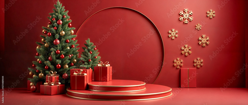 Un set festivo con albero di Natale, pacchi regalo e una cornice dorata su uno sfondo rosso raffinato
