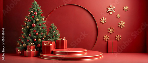 Obraz na płótnie Un set festivo con albero di Natale, pacchi regalo e una cornice dorata su uno sfondo rosso raffinato w salonie