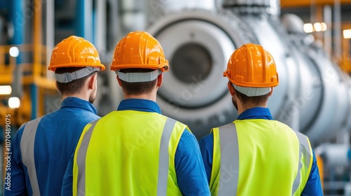 Three workers in safety gear observe machinery in an industrial setting, emphasizing teamwork and safety in construction or manufacturing.