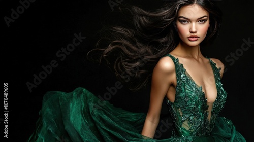 Elegant Woman in Green Dress with Flowing Hair