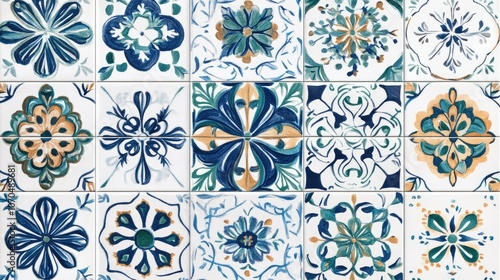 Ceramic tiles with intricate floral designs in blue and green. Copy space