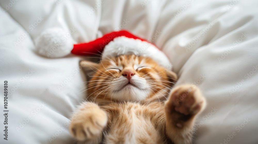 Happy sleeping kitten in Christmas Santa red hat on bed as Christmas and New Year day Happy sleeping kitten in Christmas Santa red hat on bed as Christmas and New Year day