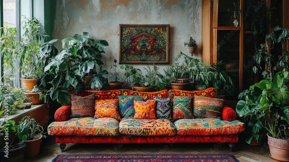 Fototapeta premium A Cozy Living Room With Vibrant Colors and Lush Greenery