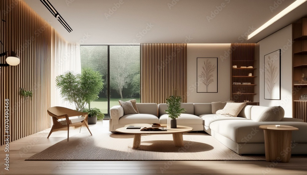 Fototapeta premium Modern living room with a minimalist design and wood accents. 3D Rendering