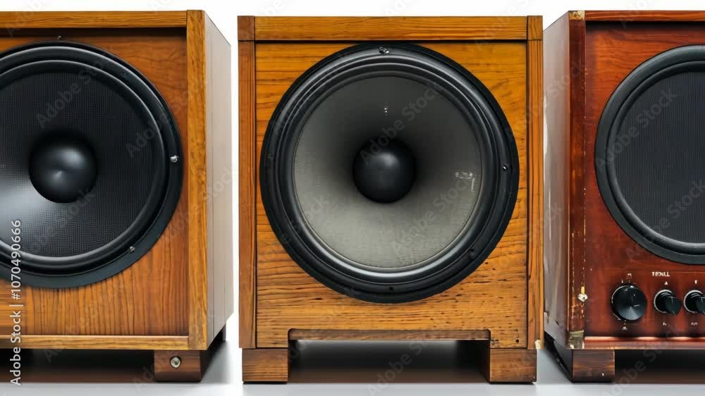 Three wooden speaker cabinets with black speakers are lined up in a row Three wooden speaker cabinets with black speakers are lined up in a row