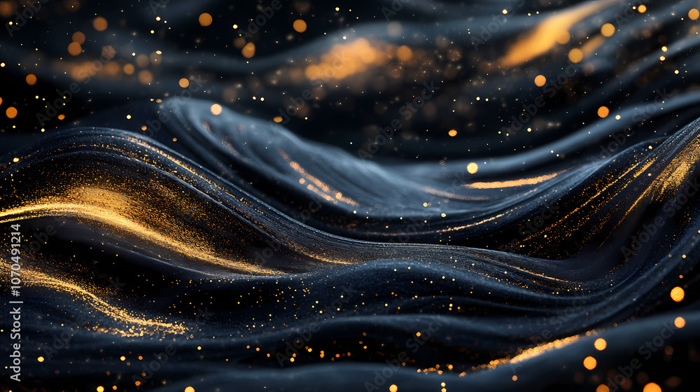 A shimmering abstract design with flowing golden waves and sparkling particles on a dark background. Enchanted. Illustration A shimmering abstract design with flowing golden waves and sparkling particles on a dark background. Enchanted. Illustration
