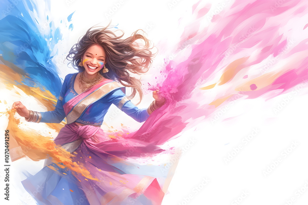 Holi, Festival of Colours. Happy Indian girl running in clouds of flying paint. Watercolor illustration on white background. Holi, Festival of Colours. Happy Indian girl running in clouds of flying paint. Watercolor illustration on white background.