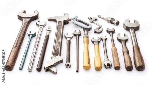 A collection of various hand tools, primarily wrenches, arranged for display or use.