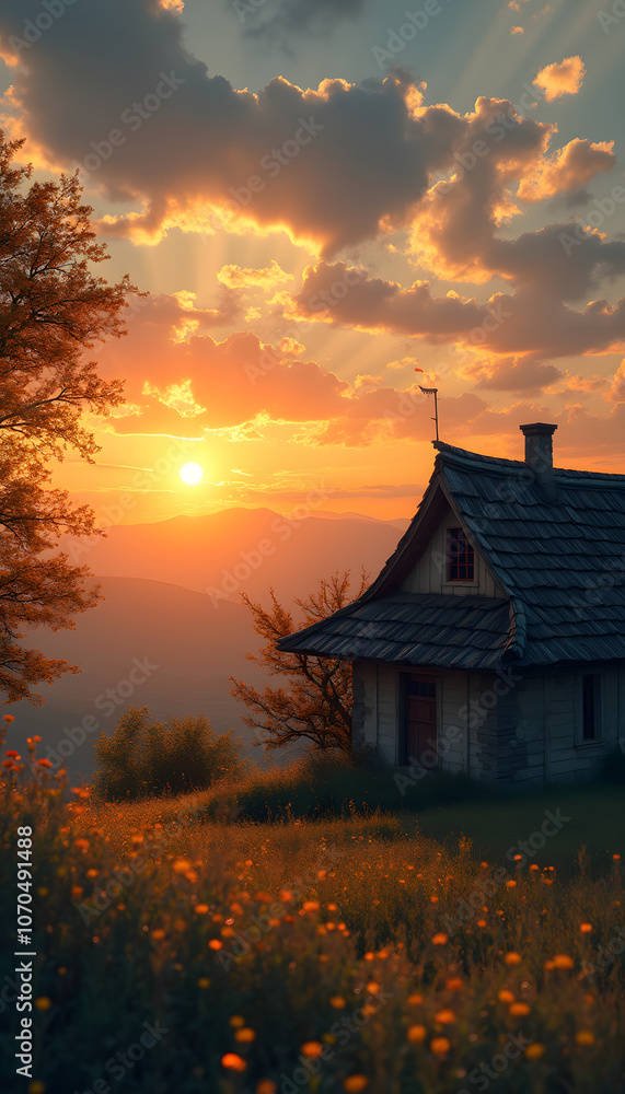 Obraz premium Village house against sunset background, with traditional signs foretelling good or bad weather