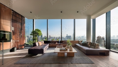 Spacious modern living room with wooden accents and large windows overlooking a cityscape, featuring stylish furniture. 3D Rendering