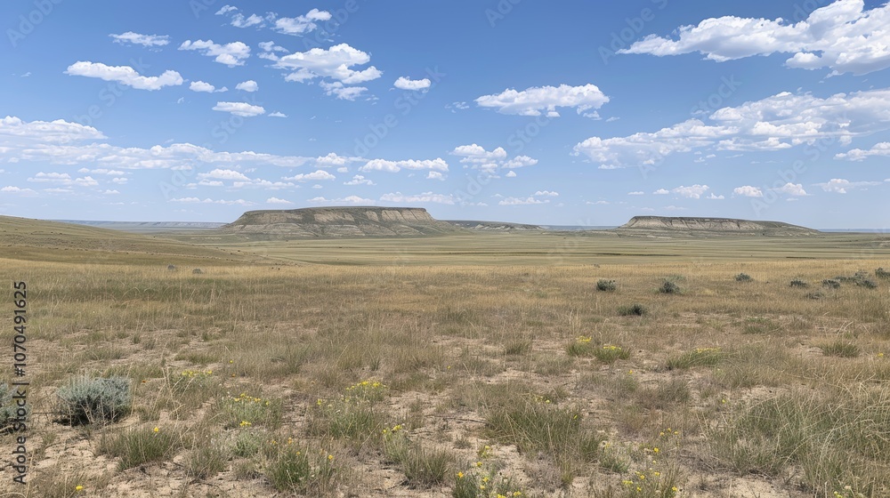 Expansive grassland landscape surrounded by rolling hills in a picturesque outdoor setting Expansive grassland landscape surrounded by rolling hills in a picturesque outdoor setting