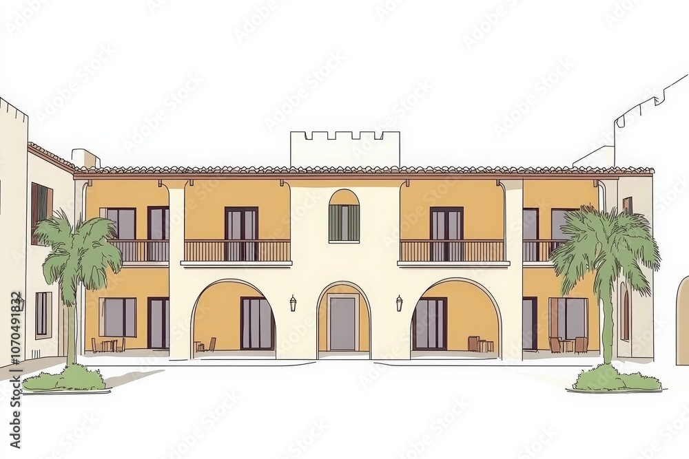 Fototapeta premium Architectural design of a colorful building with palms, white isolated background.