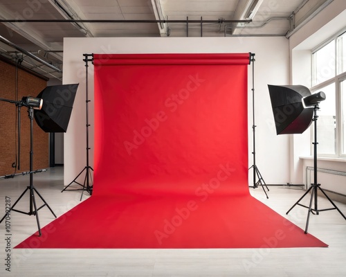 Professional photography studio setup with red backdrop and lighting equipment. Generative AI