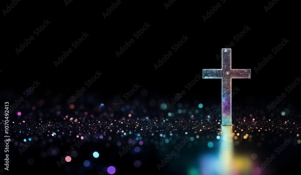 Iridescent holographic glowing Christian cross with copy space. Iridescent holographic glowing Christian cross with copy space.