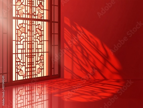 Red Chinese Window with Shadow Reflections