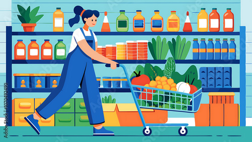 vector illustration of a woman in blue overalls walks with a shopping cart full of fresh produce.