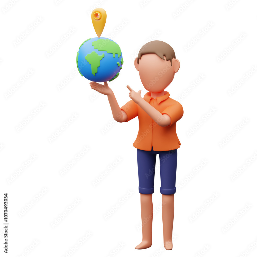 Fototapeta premium 3D character holding a globe with location pin