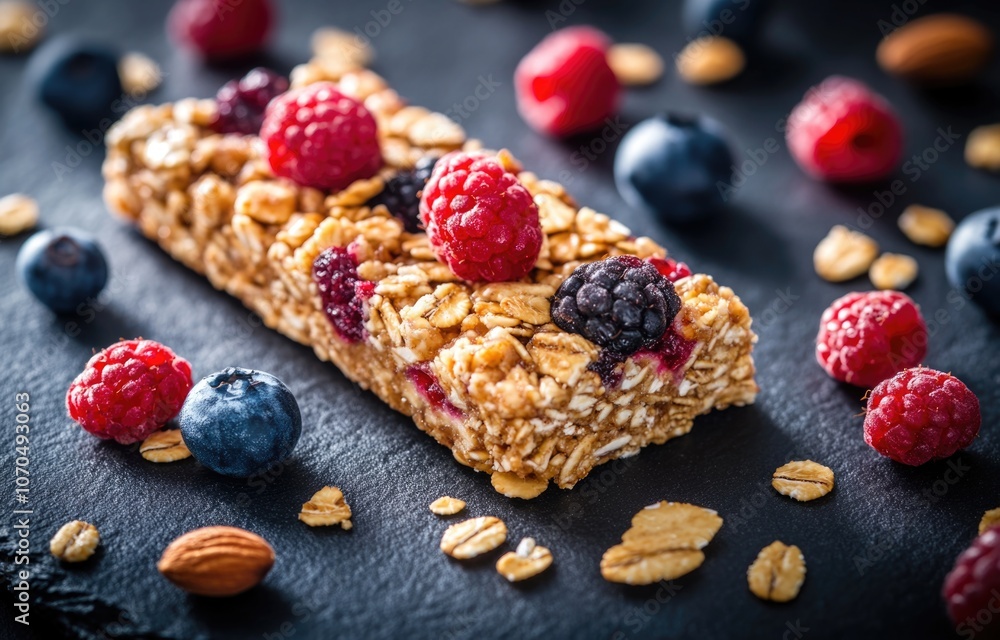 A granola bar with berries and nuts on a dark background. A granola bar with berries and nuts on a dark background.