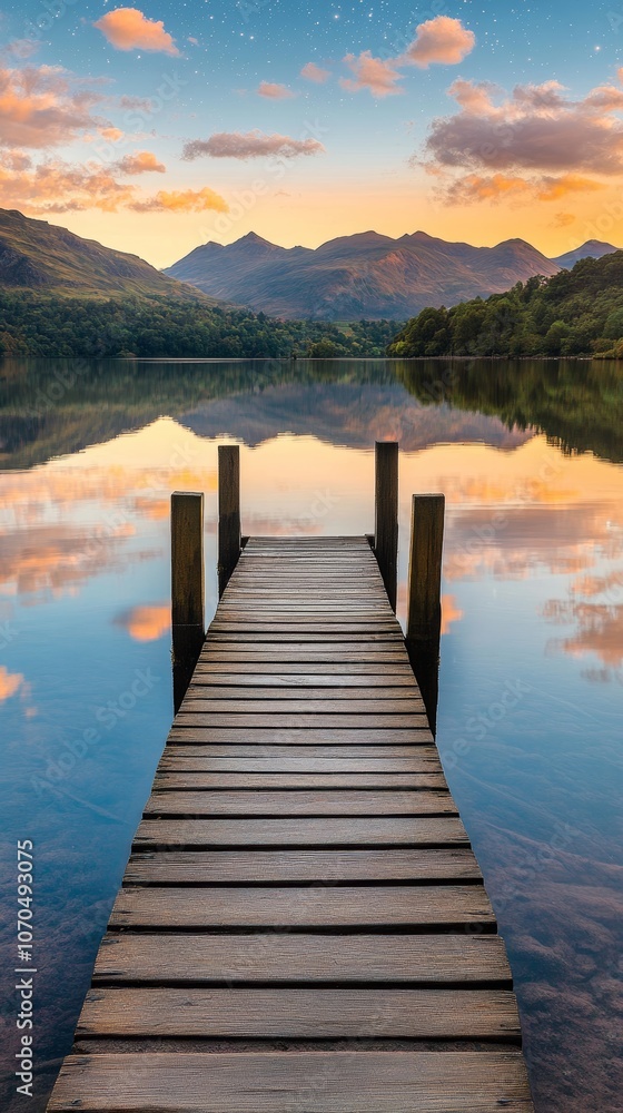 Wooden pier stretching into calm lake at sunset with mountain reflection Wooden pier stretching into calm lake at sunset with mountain reflection