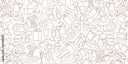 Coffee, tea line design. Hot cup, milk pitcher, aroma beans, kettle for breakfast, lunch, sweet dessert, chocolate candy, fresh croissant. Sketch banner, poster for menu,food shop, bakery and cafe