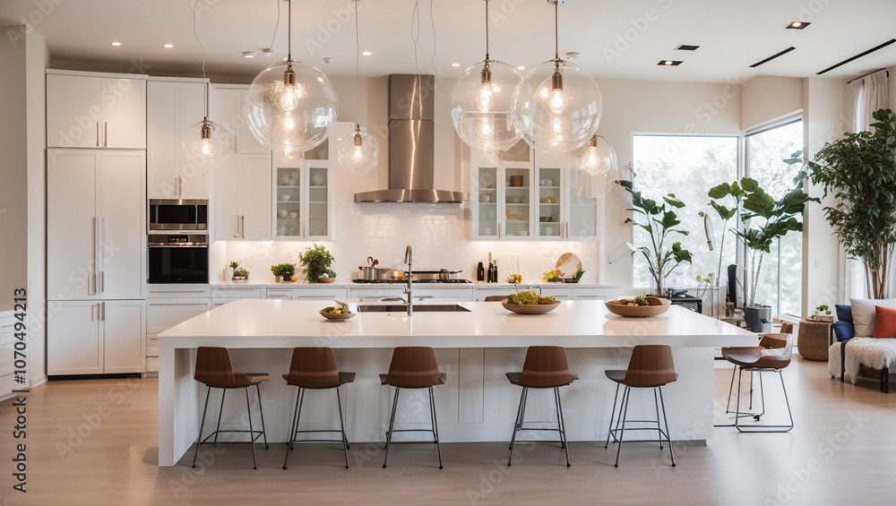 A bright, modern kitchen with white cabinets, a large island with barstools, and glass pendant lights. Windows overlook a garden.
A bright, modern kitchen with white cabinets, a large island with barstools, and glass pendant lights. Windows overlook a garden.