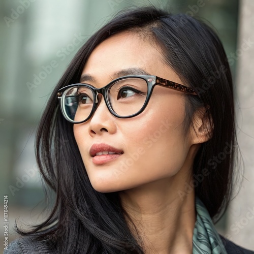 Attractive Asian optician in stylish glasses showcasing expertise in vision care. Generative AI