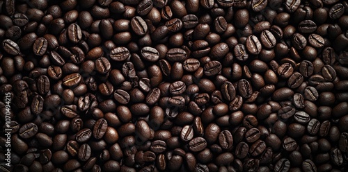 Coffee beans against a plain background, viewed from above.