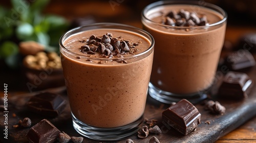 Creamy chocolate smoothies topped with cocoa nibs and chocolate pieces.