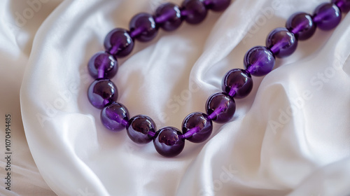 A string of purple amethyst beads on white satin fabric