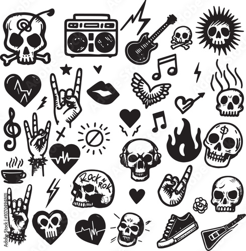 Rock n roll, punk music doodle scribble sticker set. Graffiti, tattoo hand drawn sticker, skull, heart, gesture hand. Grunge rock vector illustration in charcoal, chalk or black marker style.