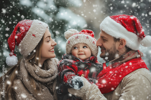 Family of three hugging and enjoying winter Ai 