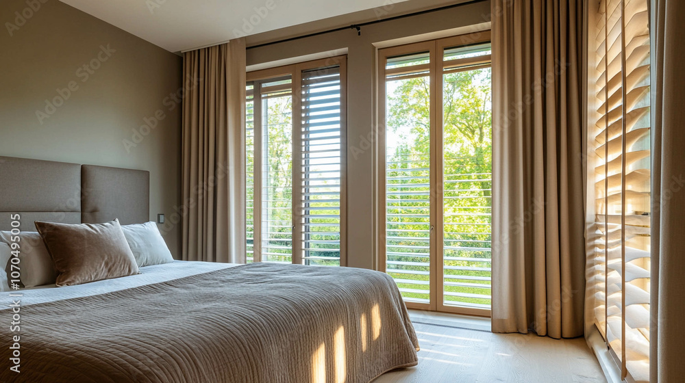 A modern window with brise soleil in a comfortable bedroom A modern window with brise soleil in a comfortable bedroom