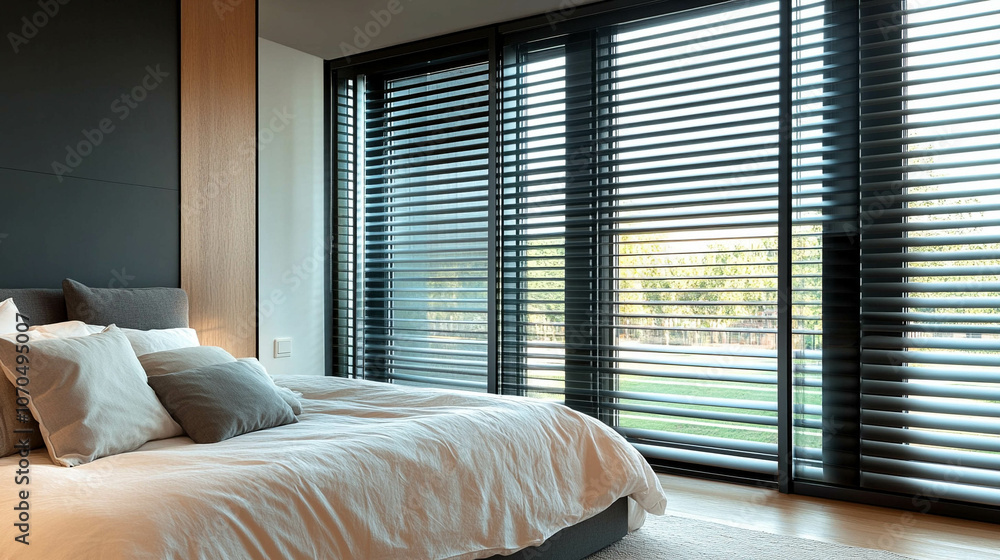 A modern window with brise soleil in a comfortable bedroom