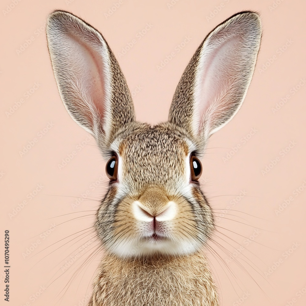 Fototapeta premium A close-up of a cute bunny with big ears and a pink nose looking directly at the camera.