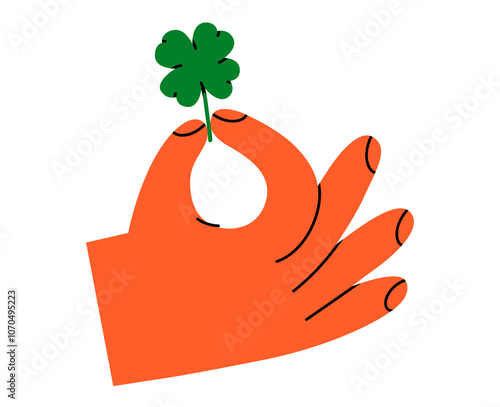 Hand drawn cute cartoon illustration of hand with four leaf clover. Flat vector lucky sign in arm doodle. Make a wish. Plant talisman icon or sticker. Superstition symbol. Hope for the best. Isolated.