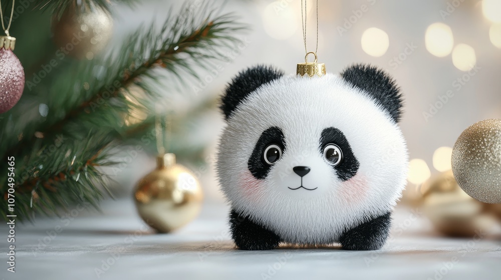 Fototapeta premium Cute circular Christmas decoration in the shape of a panda head, with a fluffy and cute design and a white background, perfect for holiday decoration, adding charm and playfulness to the festival.