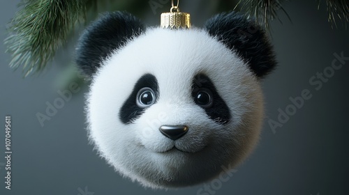 Cute circular Christmas decoration in the shape of a panda head, with a fluffy and cute design and a white background, perfect for holiday decoration, adding charm and playfulness to the festival. photo