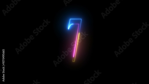 Abstract Neon text 7 number countdown timer background. Glowing neon number seven.