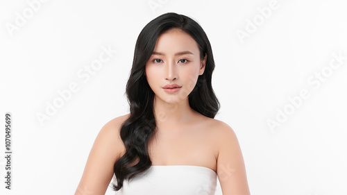 Beautiful young asian woman with clean fresh skin on white background, Face care, Facial treatment, Cosmetology, beauty and spa, Asian women portrait.