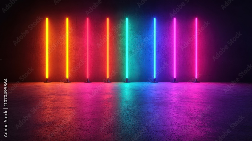 A vibrant display of neon lights in colorful vertical bars against a dark background, creating an energetic and modern atmosphere. A vibrant display of neon lights in colorful vertical bars against a dark background, creating an energetic and modern atmosphere.