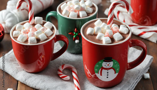 Hot chocolate with marshmallows and candy cane in festive mugs on a wooden table. Christmas and winter holiday drink concept.
