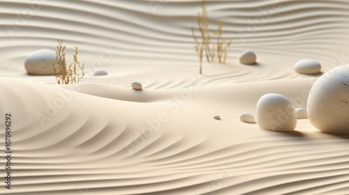 Zen Garden Aesthetic. Tranquil Sand Patterns with Natural Elements and Textured Stones. Meditation, Calm Atmosphere photo