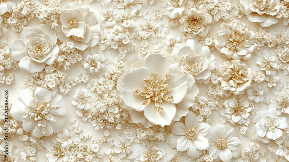 Stunning 3D floral pattern in white and gold on a soft cream background, ideal for luxury branding. Stunning 3D floral pattern in white and gold on a soft cream background, ideal for luxury branding.