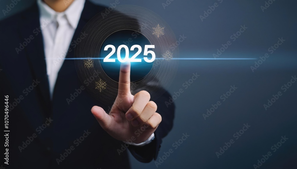 Fototapeta premium Businessman touching to virtual start button icon with 2025 new year to start