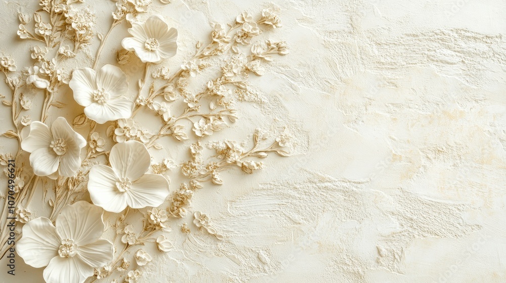 Subtle white and gold 3D flowers on a cream background, perfect for a refined, minimal design. Subtle white and gold 3D flowers on a cream background, perfect for a refined, minimal design.