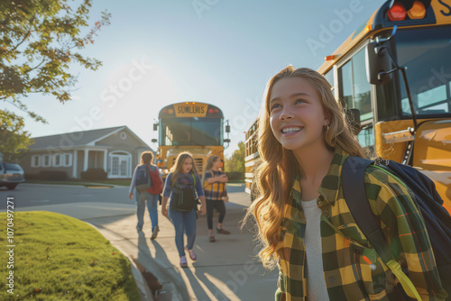 Diverse happy students boarding a school bus, happy and excited, bright afternoon light, professional stock photo style. photo