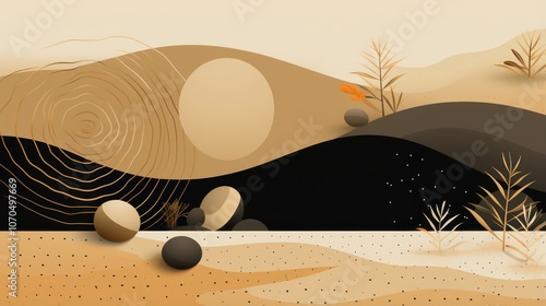 Zen Garden Aesthetic. Tranquil Sand Patterns with Natural Elements and Textured Stones. Meditation, Calm Atmosphere photo