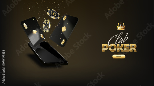 Poker tournament. Vector illustration. Four playing cards with gambling chips on velvet fabric background. Casino banner concept