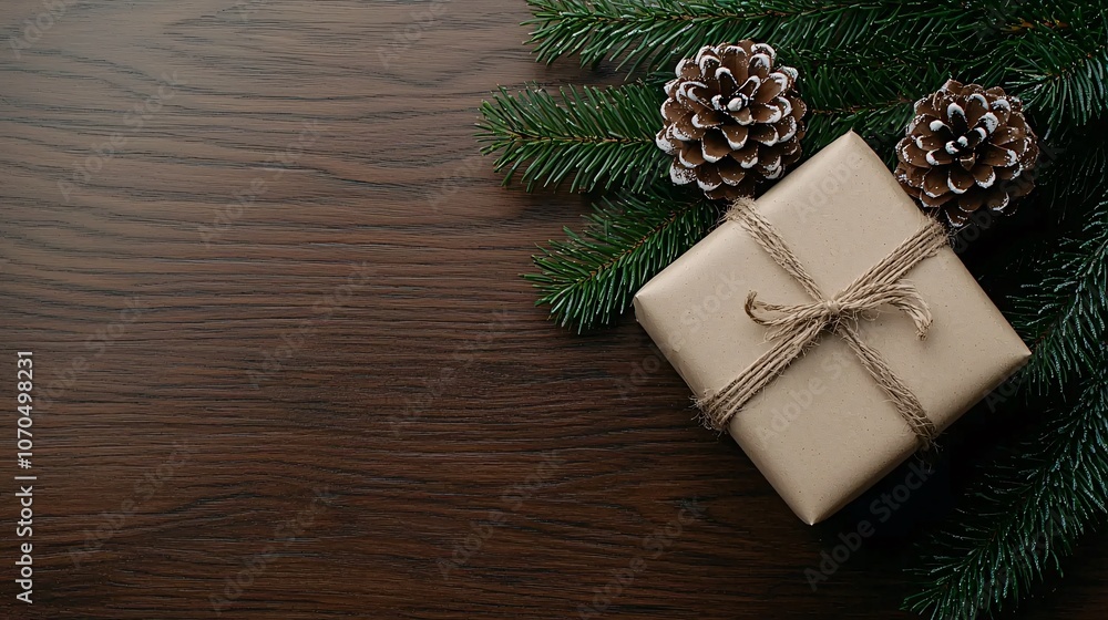 Top view of a cozy Christmas scene with pine branches, twine-wrapped gifts, and frosted pinecones, creating a warm holiday vibe Top view of a cozy Christmas scene with pine branches, twine-wrapped gifts, and frosted pinecones, creating a warm holiday vibe